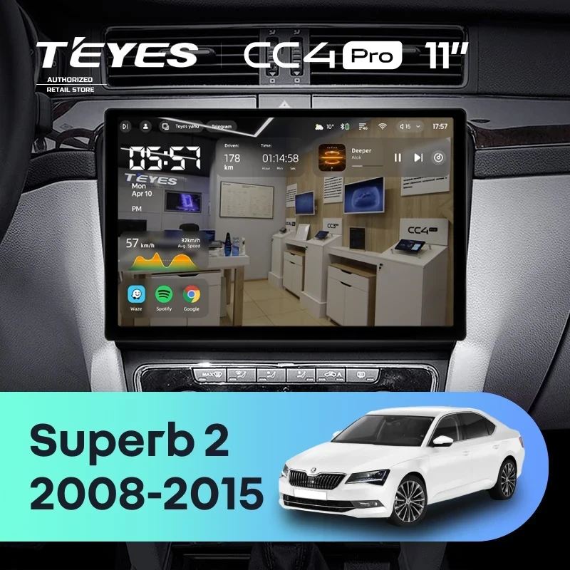 Штатная магнитола Teyes CC4 Pro 8/128 Skoda Superb 2 B6 (2008-2015) (11") (10 inch Universal)